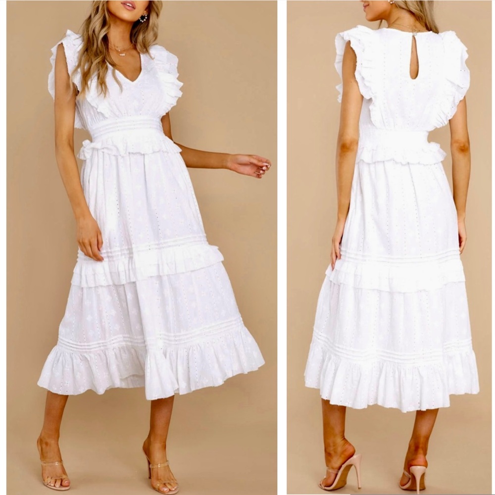 Cleobella White Eyelet Midi Dress with Ruffle Details